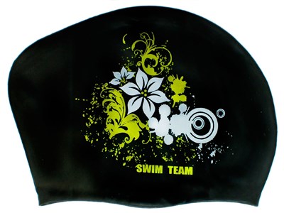 Шапочка для плавания для длинных волос SWIM TEAM цветы: KW-F  (Чёрный) - фото 1047848852