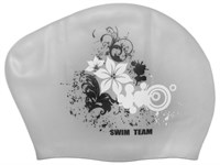 Шапочка для плавания для длинных волос SWIM TEAM цветы: KW-F  (Серебро)