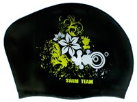 Шапочка для плавания для длинных волос SWIM TEAM цветы: KW-F  (Чёрный)